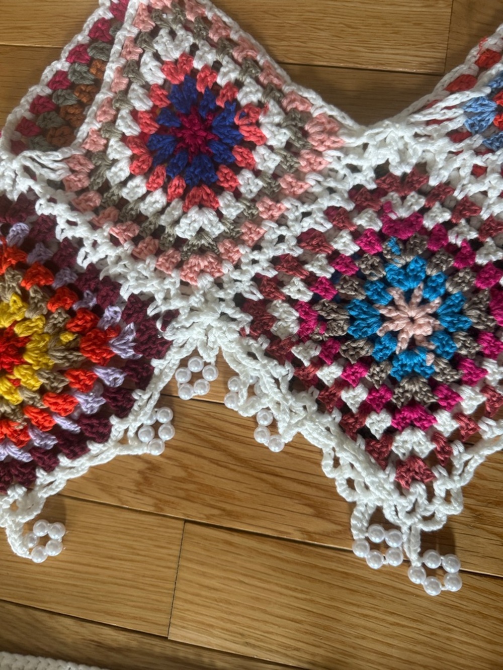 Handmade Crochet Two-Piece Set in White with Multicolor Squares - Picture 6 of 7